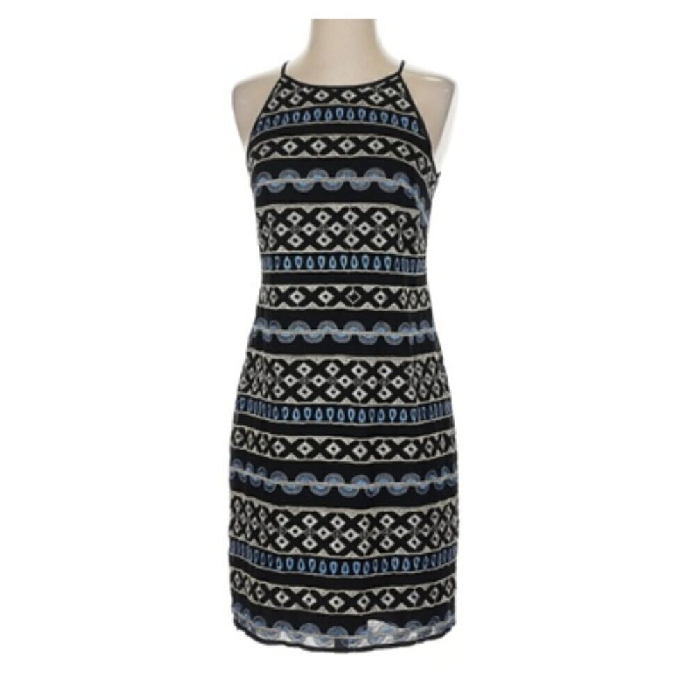 🆕 WHITE HOUSE BLACK MARKET Patterned Blue and Black Dress Size 8